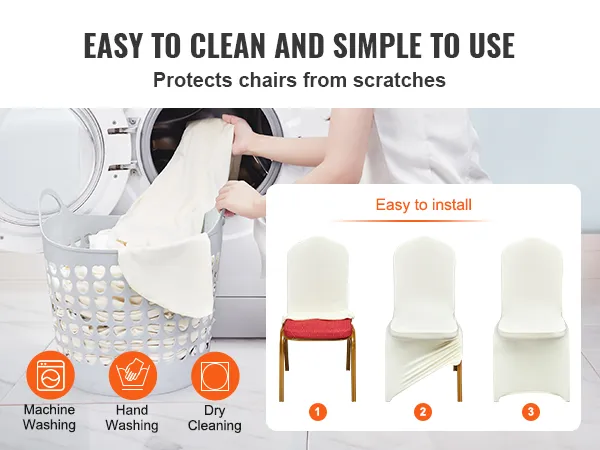 VEVOR stretch spandex stoelhoezen: eenvoudig schoon te maken, te installeren en te beschermen tegen krassen.