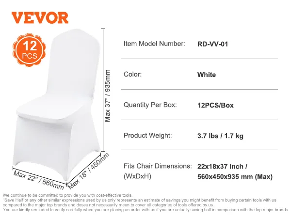 VEVOR stoelhoezen voor stoelen tot 22x18x37 inch, wit, 12 stuks per doos, model rd-vv-01.