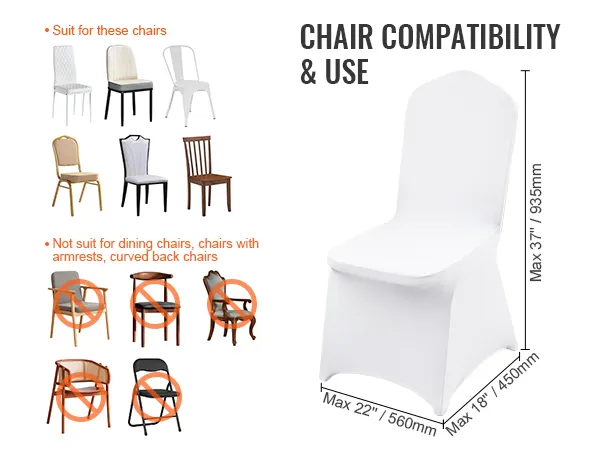 stoelcompatibiliteitsgids voor VEVOR-stoelhoezen, geschikt voor zes soorten stoelen, met uitzondering van stoelen met armleuningen.