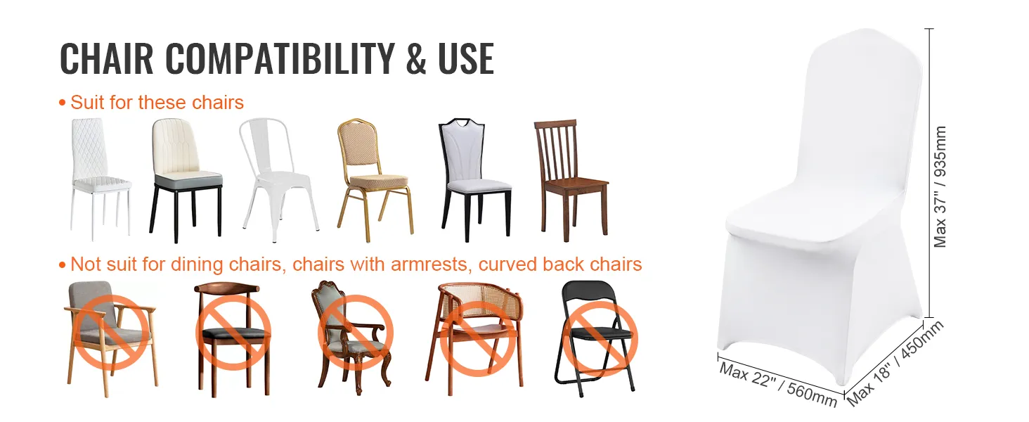 stoelcompatibiliteitsgids voor VEVOR-stoelhoezen, geschikt voor zes soorten stoelen, met uitzondering van stoelen met armleuningen.