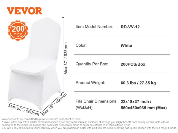 white VEVOR stretch spandex chair covers, 200 pieces, fits 22x18x37 inch chair dimensions.