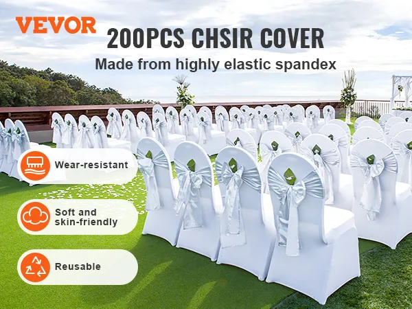 outdoor wedding setup with rows of chairs covered in white VEVOR stretch spandex chair covers.