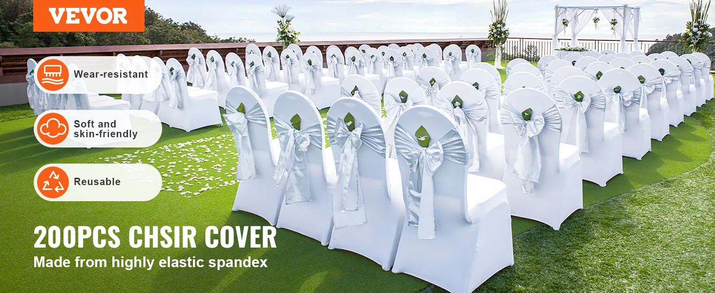 outdoor wedding setup with rows of chairs covered in white VEVOR stretch spandex chair covers.