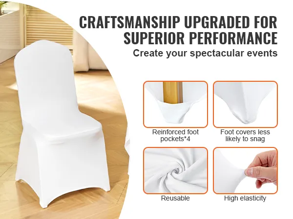 weißer VEVOR-Stuhlbezug für Holzboden mit verstärkten Fußtaschen, wiederverwendbar und hoher Elastizität.