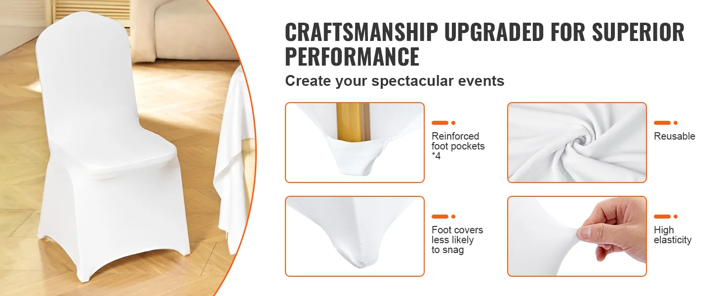 weißer VEVOR-Stuhlbezug für Holzboden mit verstärkten Fußtaschen, wiederverwendbar und hoher Elastizität.