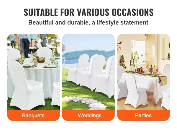 VEVOR-Stuhlhussen für Bankette, Hochzeiten und Partys; elegantes weißes Design für vielseitige Anlässe.