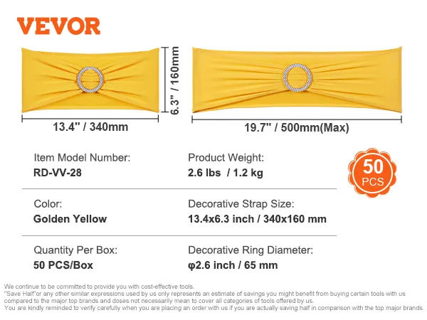 VEVOR stretch spandex chair sashes in golden yellow with decorative ring, available in 50 pcs/box.