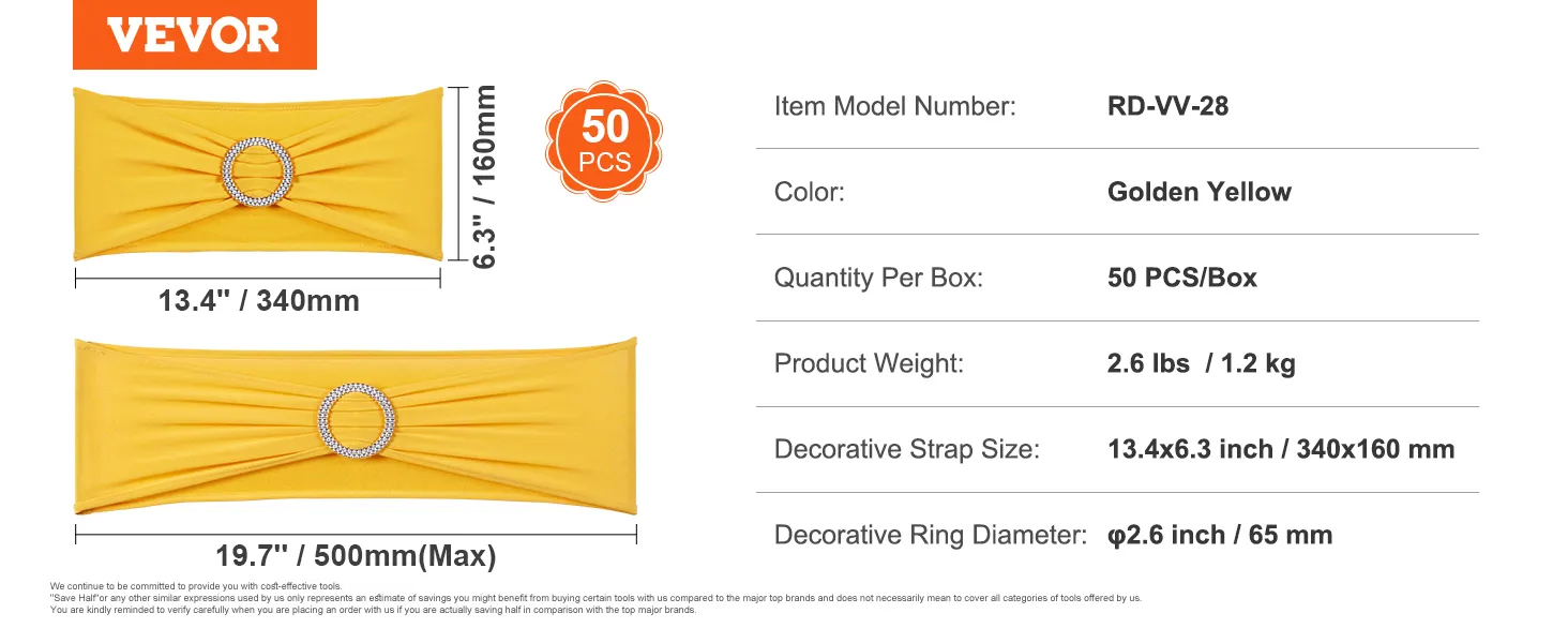 VEVOR stretch spandex chair sashes in golden yellow with decorative ring, available in 50 pcs/box.