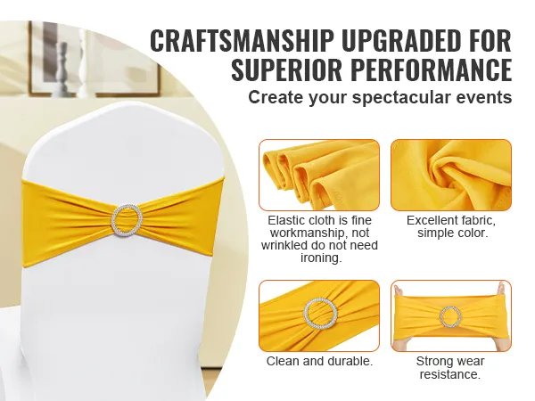 yellow VEVOR stretch spandex chair sashes on a white chair with a decorative buckle, promoting quality.