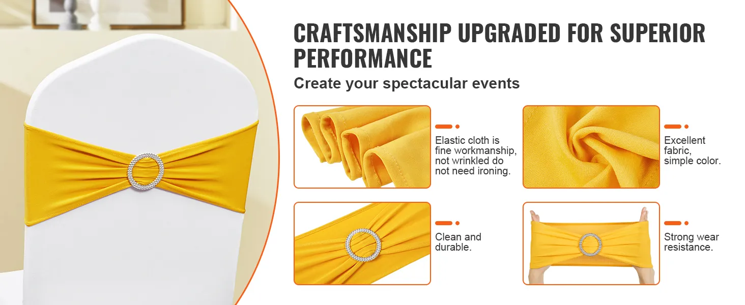yellow VEVOR stretch spandex chair sashes on a white chair with a decorative buckle, promoting quality.