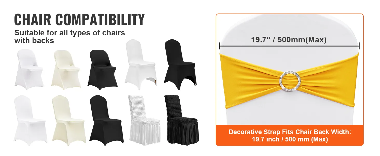chair compatibility for various types, showcasing VEVOR stretch spandex chair sashes with gold buckle.