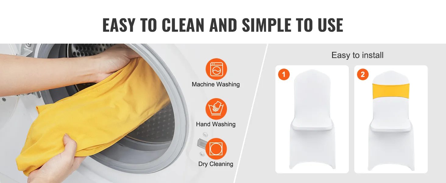 VEVOR stretch spandex chair sashes easy to clean, machine washable, and simple to install.