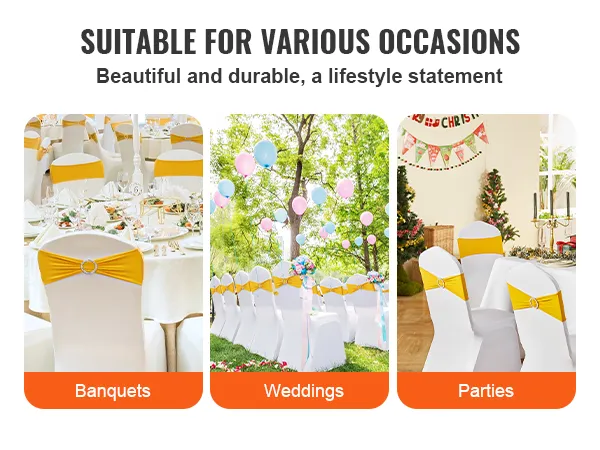 VEVOR stretch spandex chair sashes for banquets, weddings, and parties with yellow sashes and decoration.