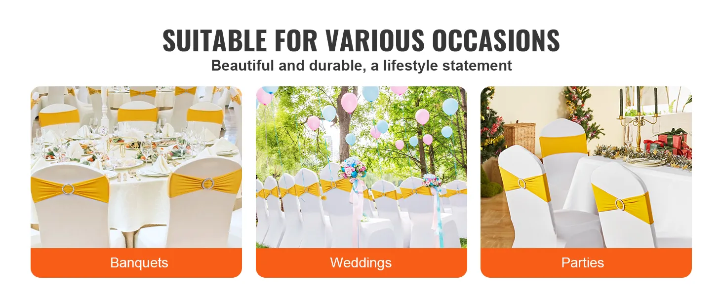 VEVOR stretch spandex chair sashes for banquets, weddings, and parties with yellow sashes and decoration.