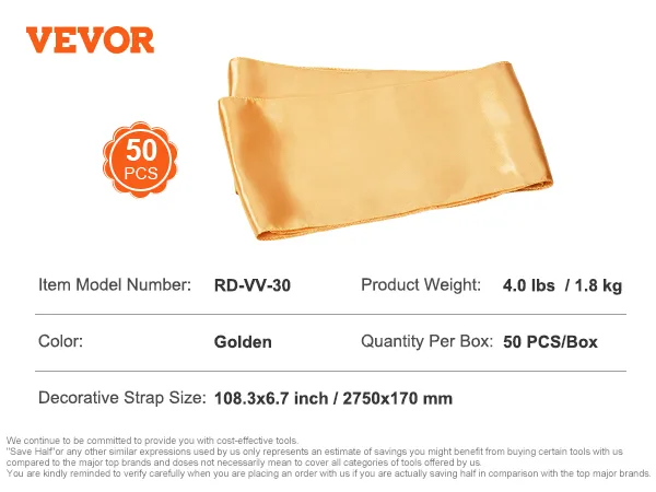 Fasce per sedie in spandex elasticizzato VEVOR di colore dorato, 50 pezzi/scatola, modello articolo rd-vv-30, dimensioni 108,3x6,7 pollici.