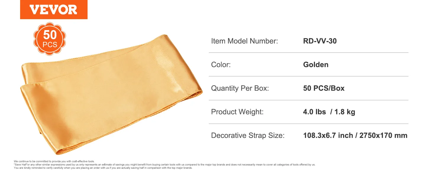 Fasce per sedie in spandex elasticizzato VEVOR di colore dorato, 50 pezzi/scatola, modello articolo rd-vv-30, dimensioni 108,3x6,7 pollici.