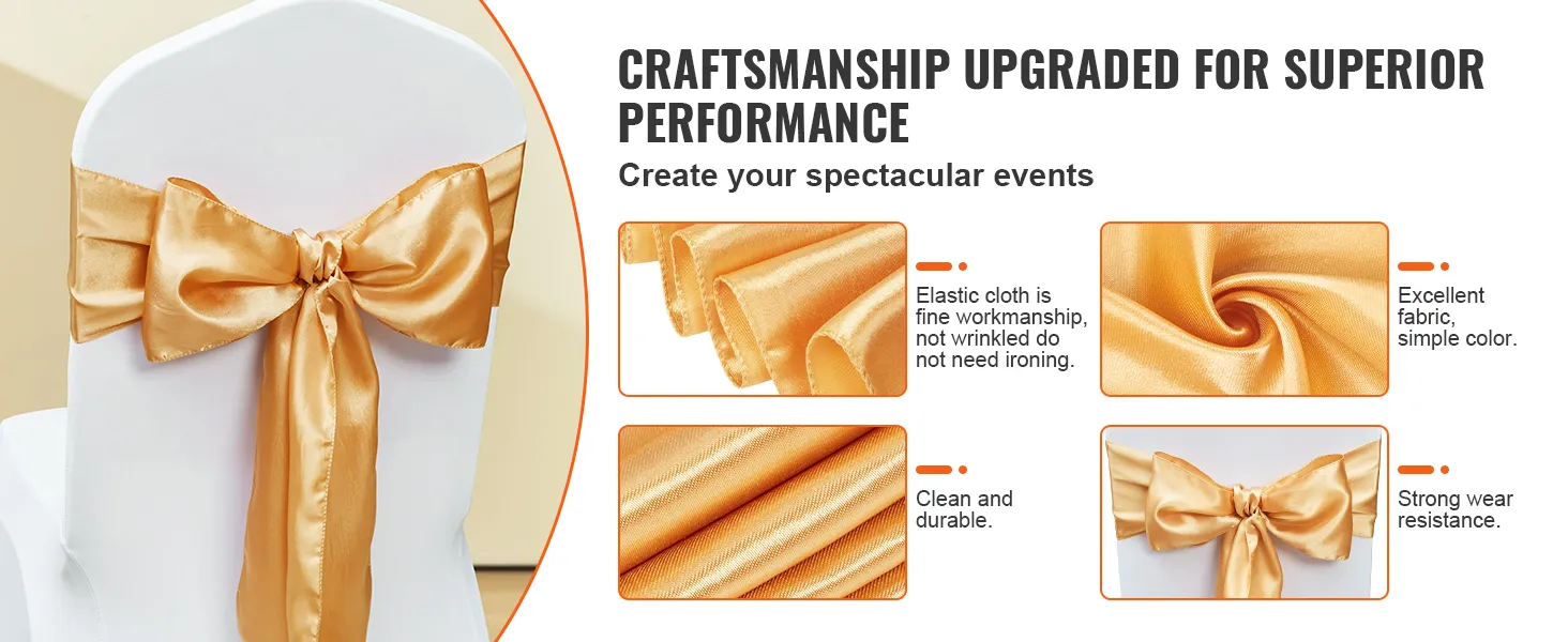fasce per sedie in spandex elasticizzato color oro VEVOR per eventi, che mettono in risalto il tessuto pregiato, la durevolezza e la qualità antipiega.