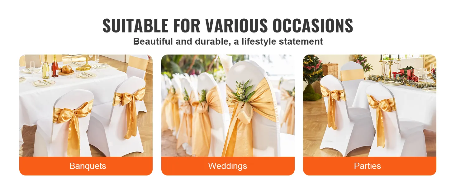 Fasce per sedie in spandex elasticizzato VEVOR color oro per banchetti, matrimoni e feste. Eleganti e versatili.
