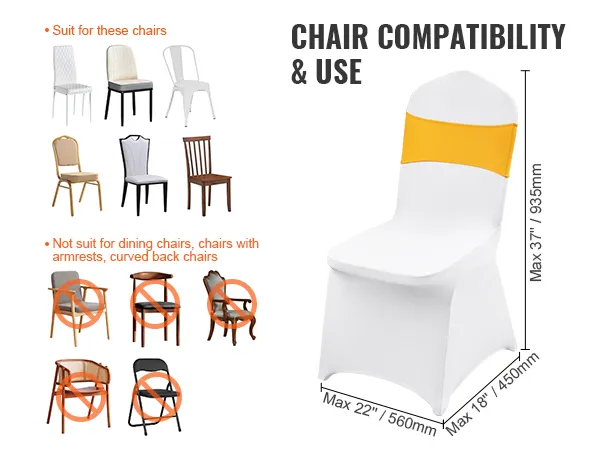 VEVOR stoelhoezen zijn geschikt voor verschillende soorten stoelen, maar niet voor eetkamerstoelen met armleuningen of gebogen rugleuningen.