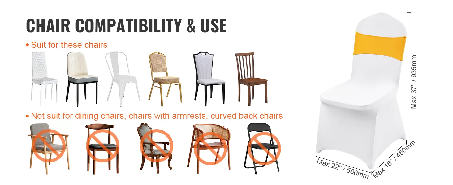 VEVOR stoelhoezen zijn geschikt voor verschillende soorten stoelen, maar niet voor eetkamerstoelen met armleuningen of gebogen rugleuningen.