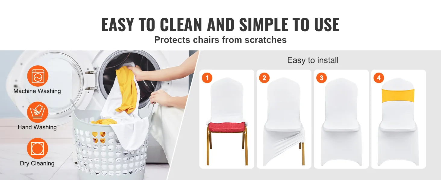 VEVOR stoelhoezen zijn gemakkelijk schoon te maken, machinewasbaar, met de hand te wassen of chemisch te reinigen. Eenvoudige installatiestappen.