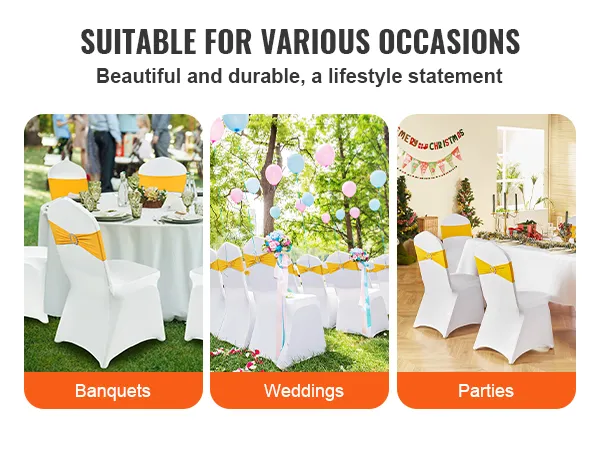 VEVOR stoelhoezen voor banketten, bruiloften en partijen, met elegante witte hoezen met gele sjerpen.