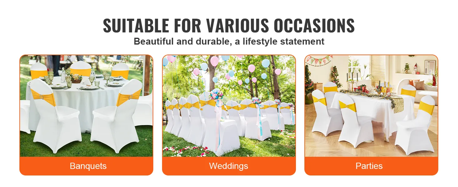 VEVOR stoelhoezen voor banketten, bruiloften en partijen, met elegante witte hoezen met gele sjerpen.