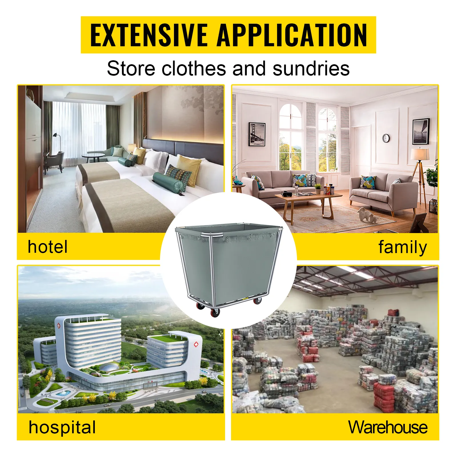 Carro de cesta VEVOR: usos versátiles en entornos hoteleros, familiares, hospitalarios y almacenes.