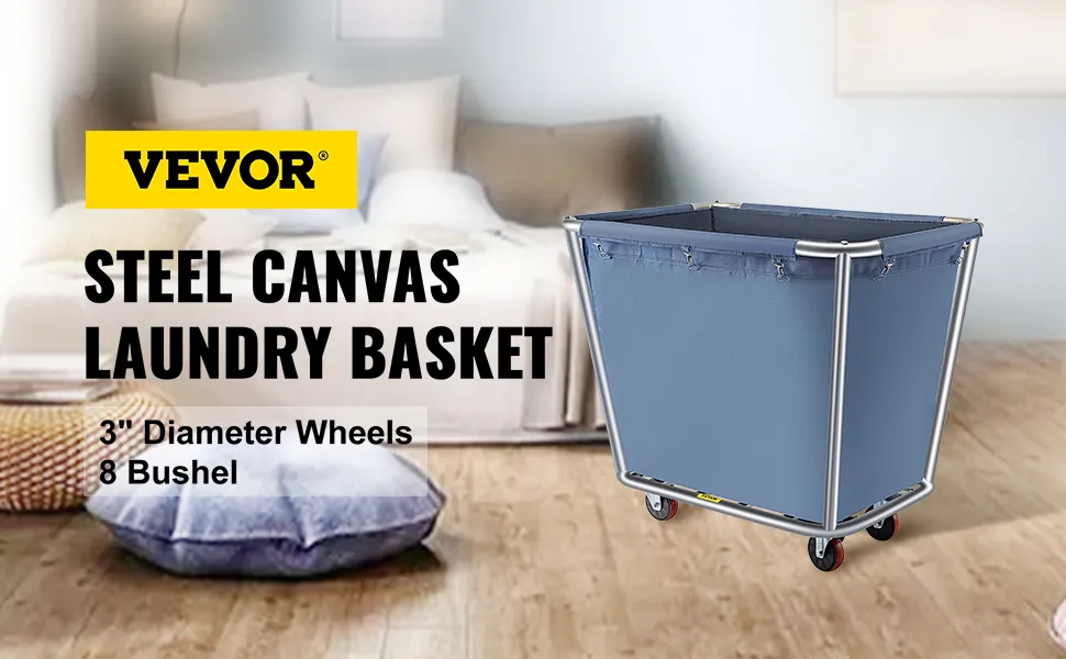 VEVOR laundry cart in a bedroom, featuring steel frame and blue canvas with 3" wheels.