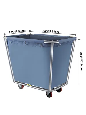 VEVOR laundry cart with blue fabric, silver frame, and measurements displayed.