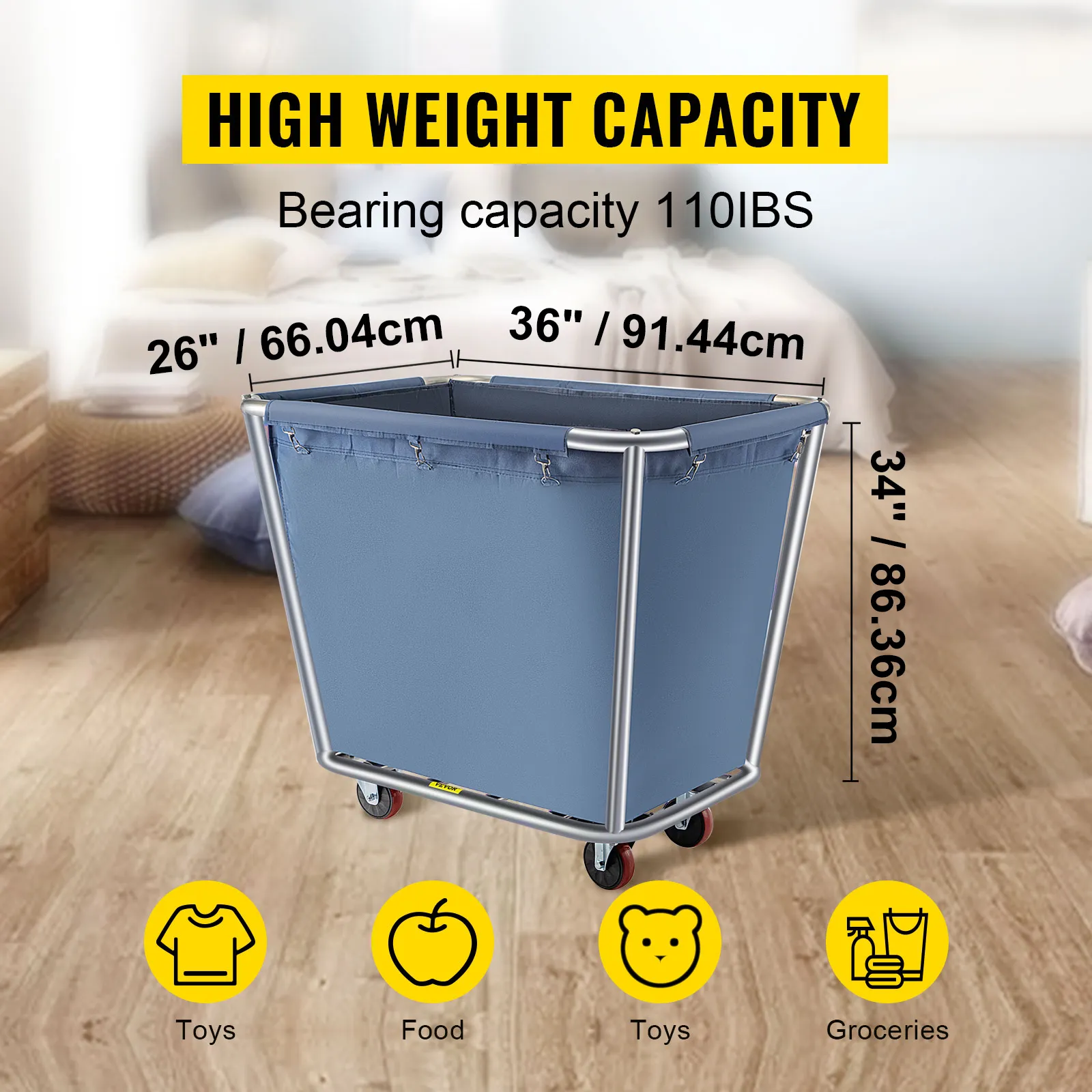 high weight capacity VEVOR laundry cart with 110 lbs bearing capacity and dimensions.