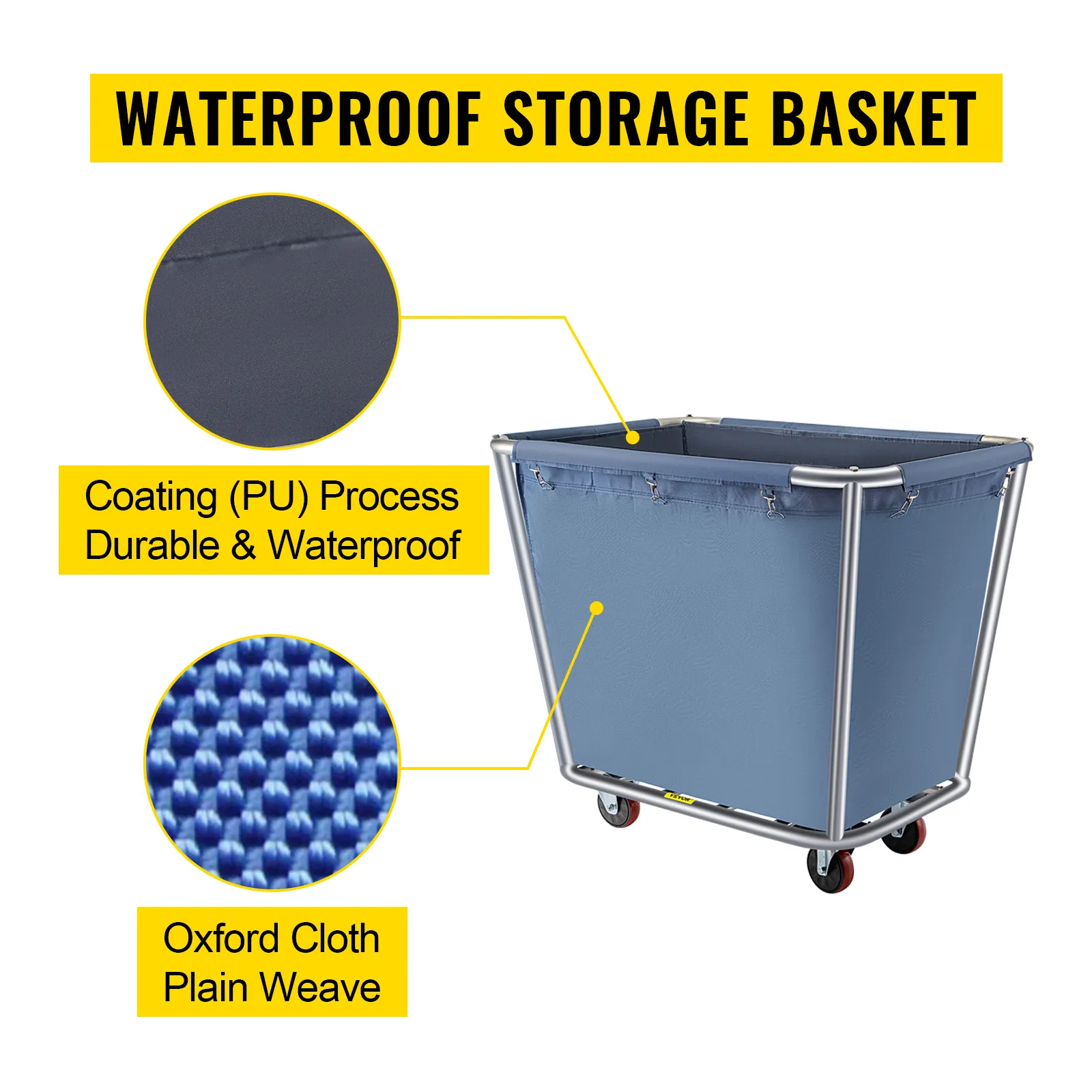 VEVOR laundry cart, waterproof oxford cloth, durable pu coating, metal frame.