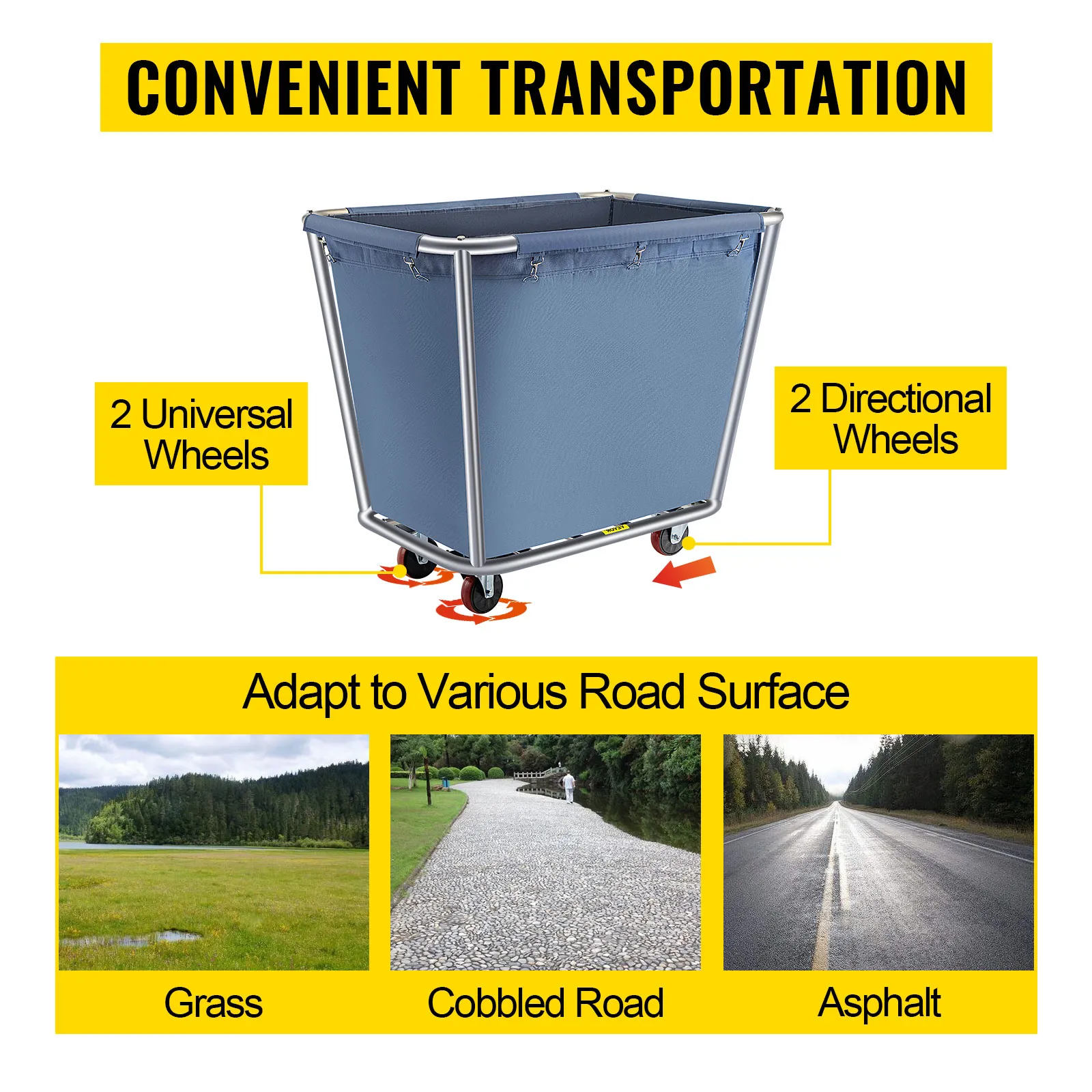 VEVOR laundry cart with 2 universal wheels and 2 directional wheels on various road surfaces.