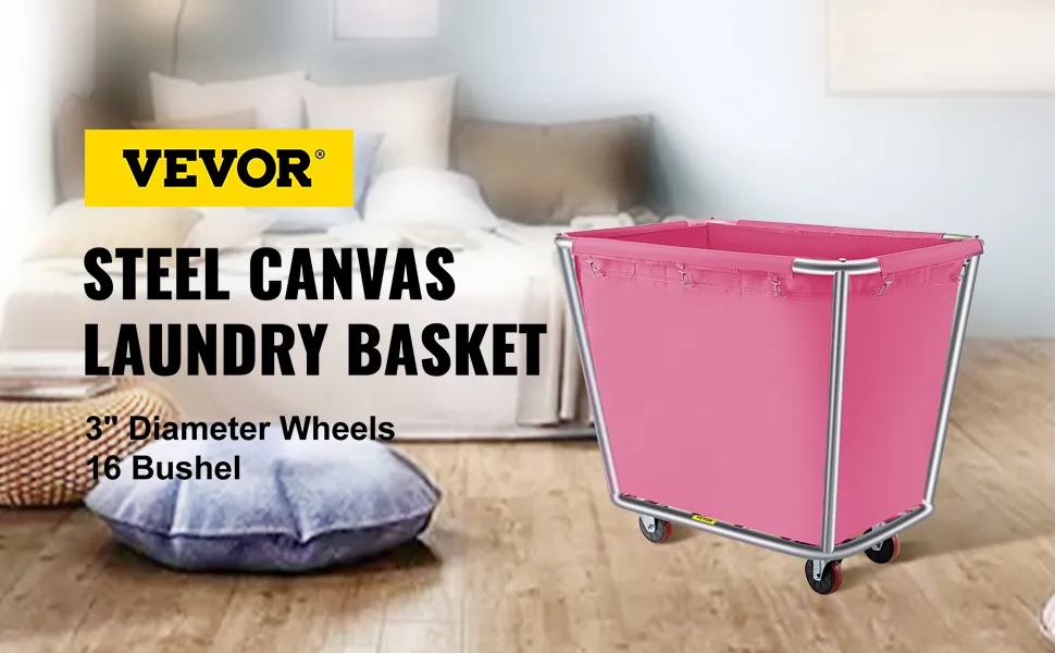 VEVOR laundry basket with steel frame and pink canvas, 3" wheels, 16 bushel capacity.