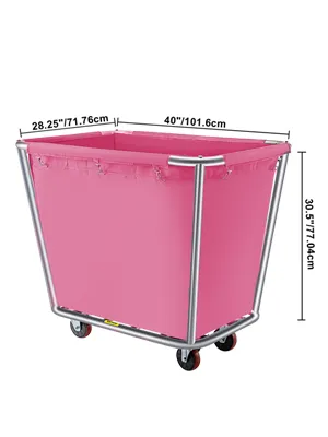 pink VEVOR laundry basket with metal frame and wheels, dimensions labeled.