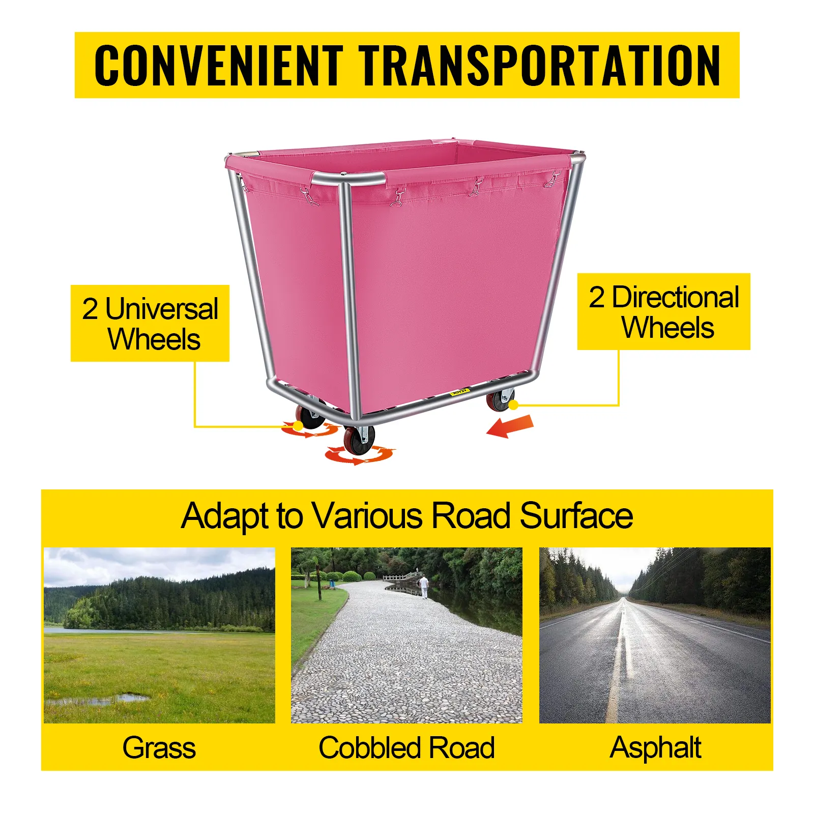 VEVOR laundry basket with universal and directional wheels for various road surfaces.