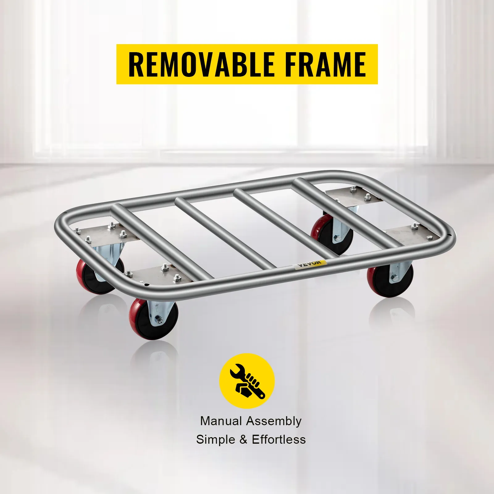 VEVOR laundry basket frame with red wheels and "removable frame" text. manual assembly.