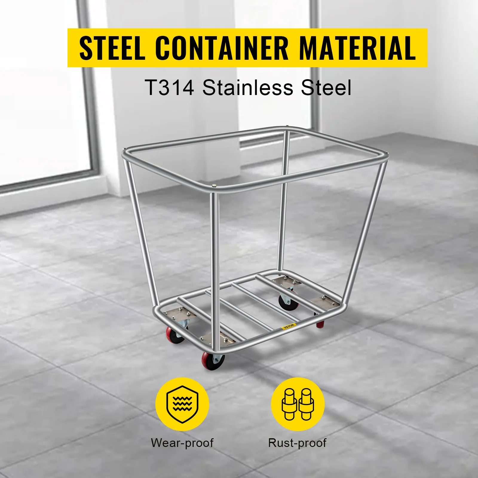 VEVOR laundry basket, t314 stainless steel, wear-proof, rust-proof, on wheels