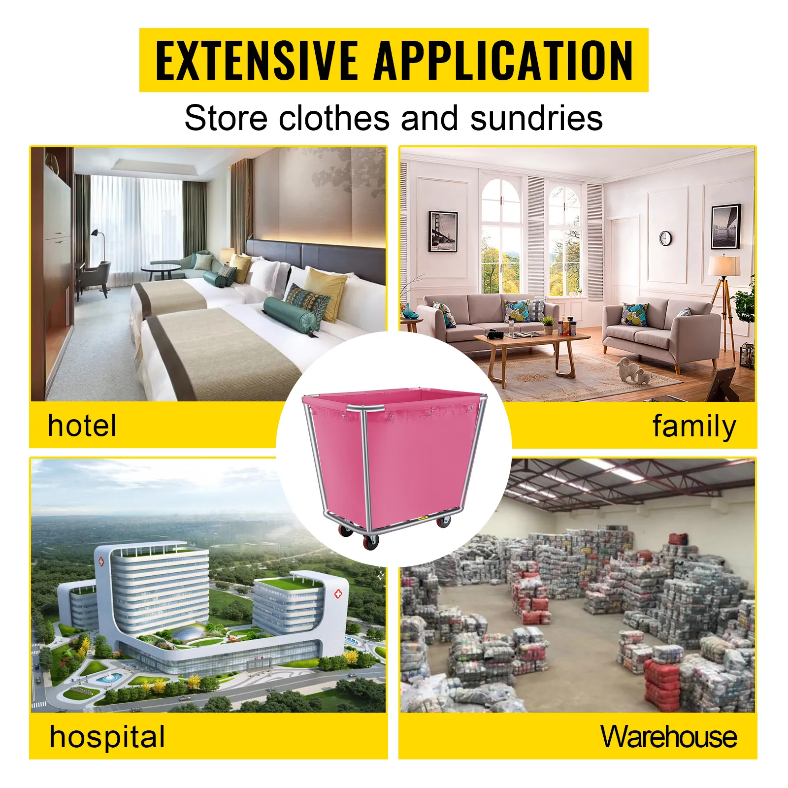 VEVOR laundry basket: versatile use in hotel, family, hospital, and warehouse settings.