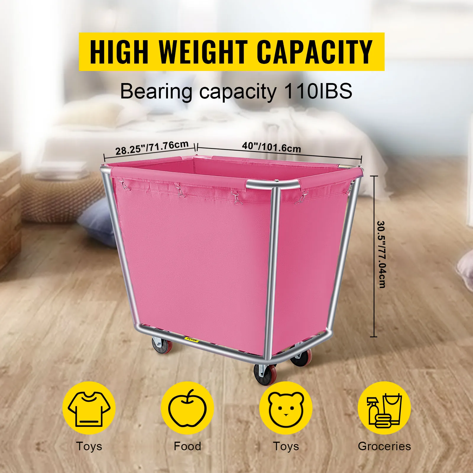 VEVOR laundry basket, pink, high weight capacity 110 lbs, dimensions labeled.