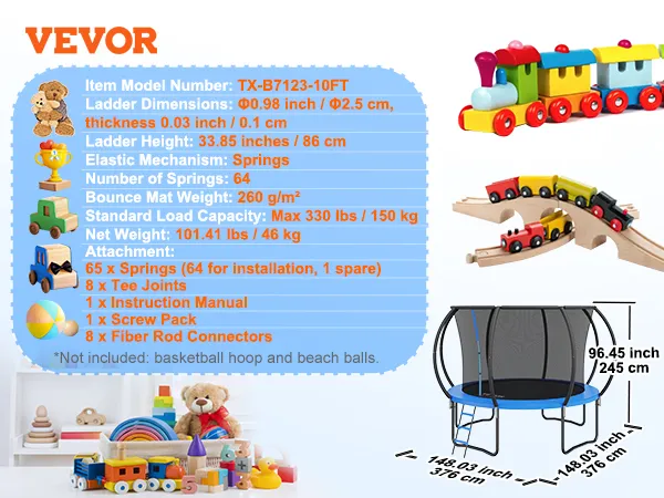 VEVOR trampoline-details met afmetingen, kenmerken en bevestigingen, inclusief veren, T-stukken en een handleiding.