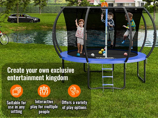 VEVOR trampoline voor interactief buitenspelen, waarbij kinderen erin kunnen springen met verschillende ballen.