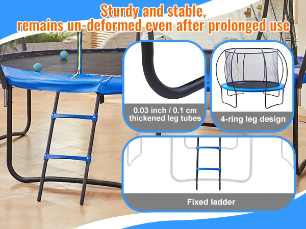 VEVOR trampoline met verdikte pootbuizen, 4-ringspootontwerp en vaste ladder voor stabiliteit en duurzaamheid.