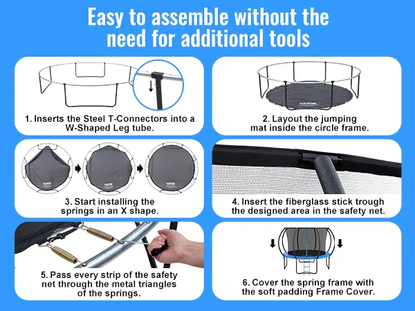 Stapsgewijze montagehandleiding voor VEVOR trampoline met veiligheidsnet en springframeafdekking.
