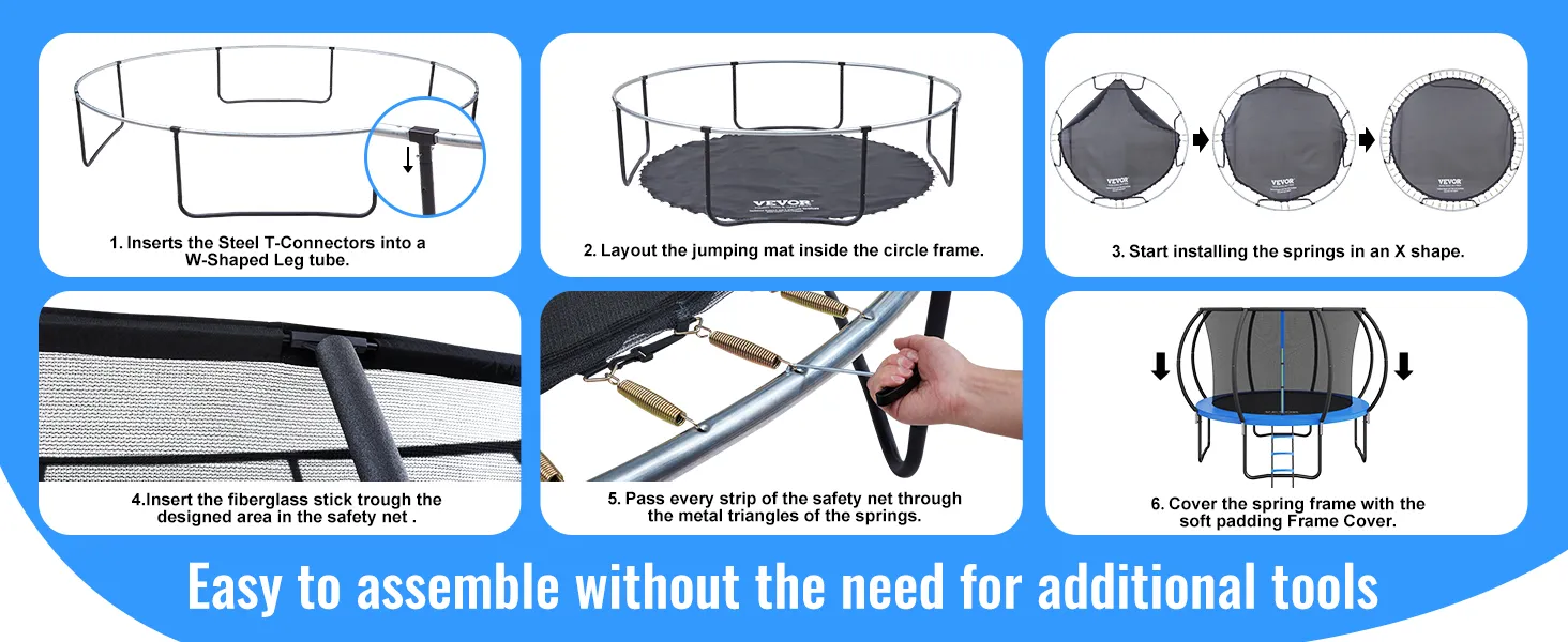 step-by-step assembly guide for VEVOR trampoline with safety net and spring frame cover.