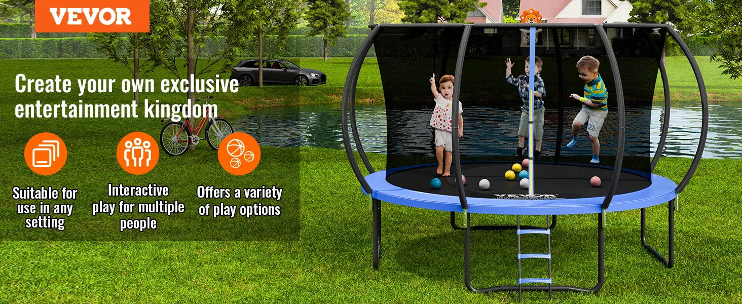 VEVOR trampoline in a backyard setting with children playing, showcasing multiple play options.