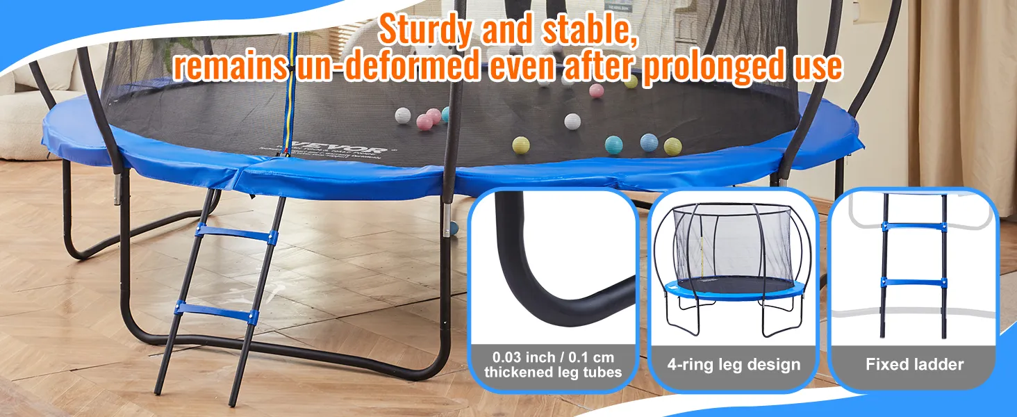 VEVOR trampoline, stable and sturdy with thickened leg tubes, 4-ring design, and fixed ladder.