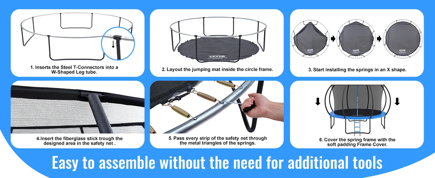 VEVOR trampoline assembly steps: connect t-connectors, layout mat, install springs, insert safety net, add padding.