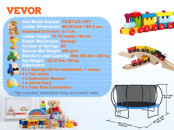 Trampolín VEVOR con red de seguridad y escalera. modelo tx-b7123-14ft. Diámetro de 14 pies y 80 resortes.