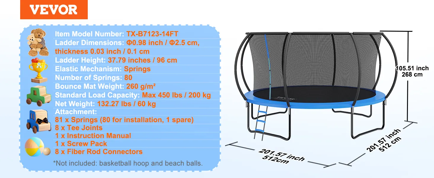 Trampolín VEVOR con red de seguridad y escalera. modelo tx-b7123-14ft. Diámetro de 14 pies y 80 resortes.